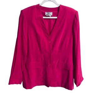 Vintage Womens Silk Boutique Bright Hot Pink 100% Silk Blazer Jacket Pockets - M